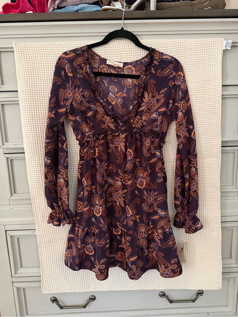 BeBop Purple Floral V-Neck Long Sleeve Dress with Orange Accents